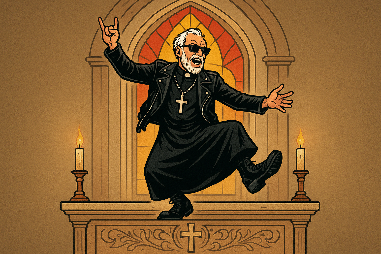 padre rockeiro dançando em cima de um altar