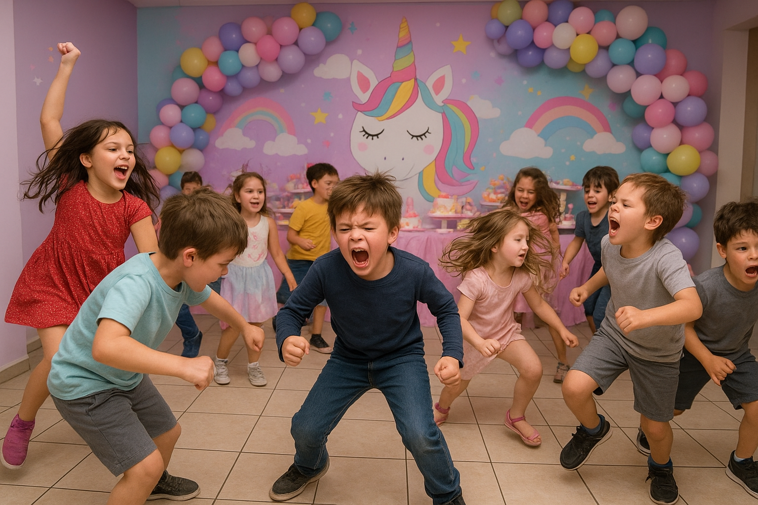 um mosh pit em um buffet infantil de tema de unicórnio