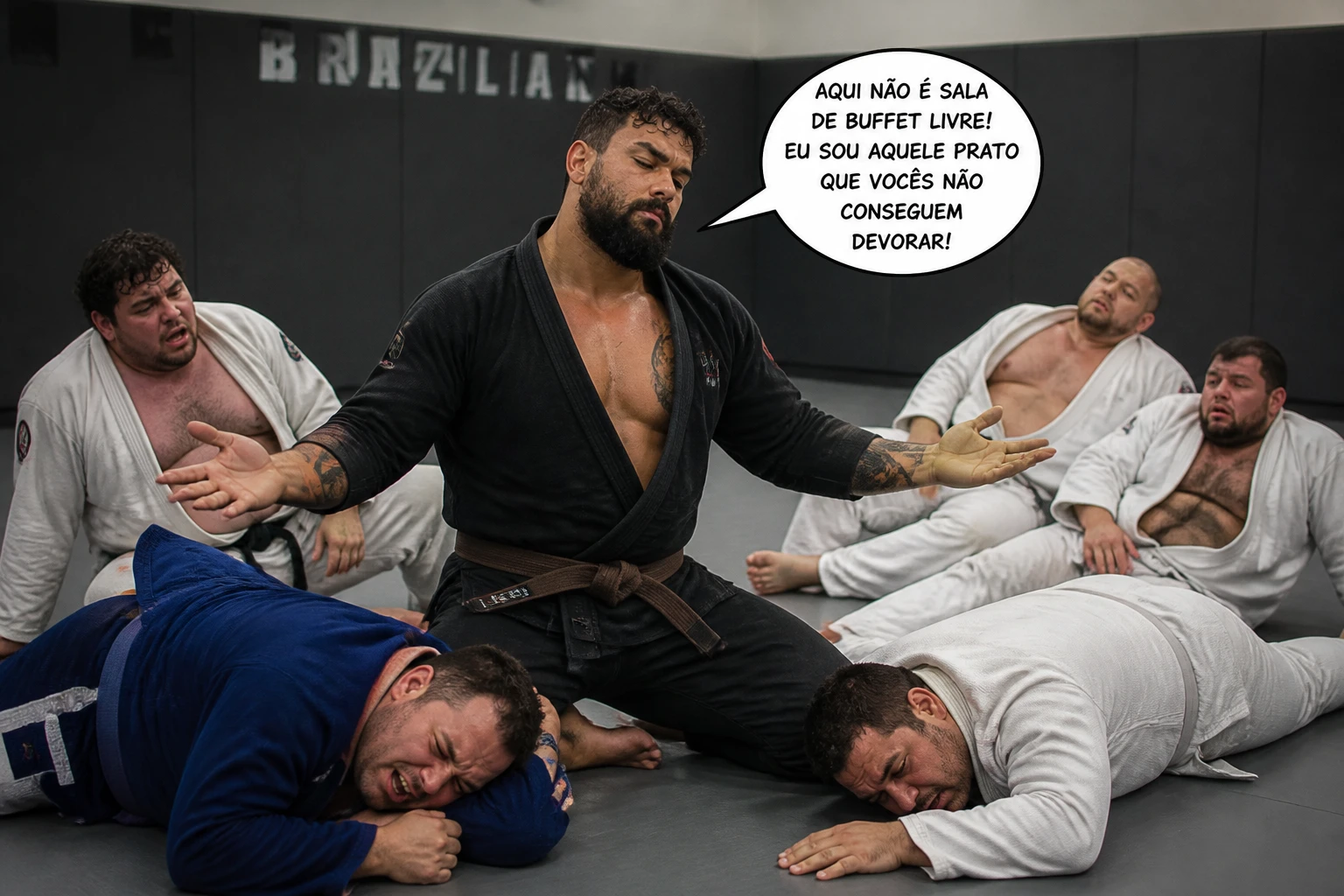 @doutor_mamaco enfrentando 5 gordões no Jiujitsu ele diz palavras impactantes em balão de dialogo para amedrontar seus oponentes (gere as falas dele)