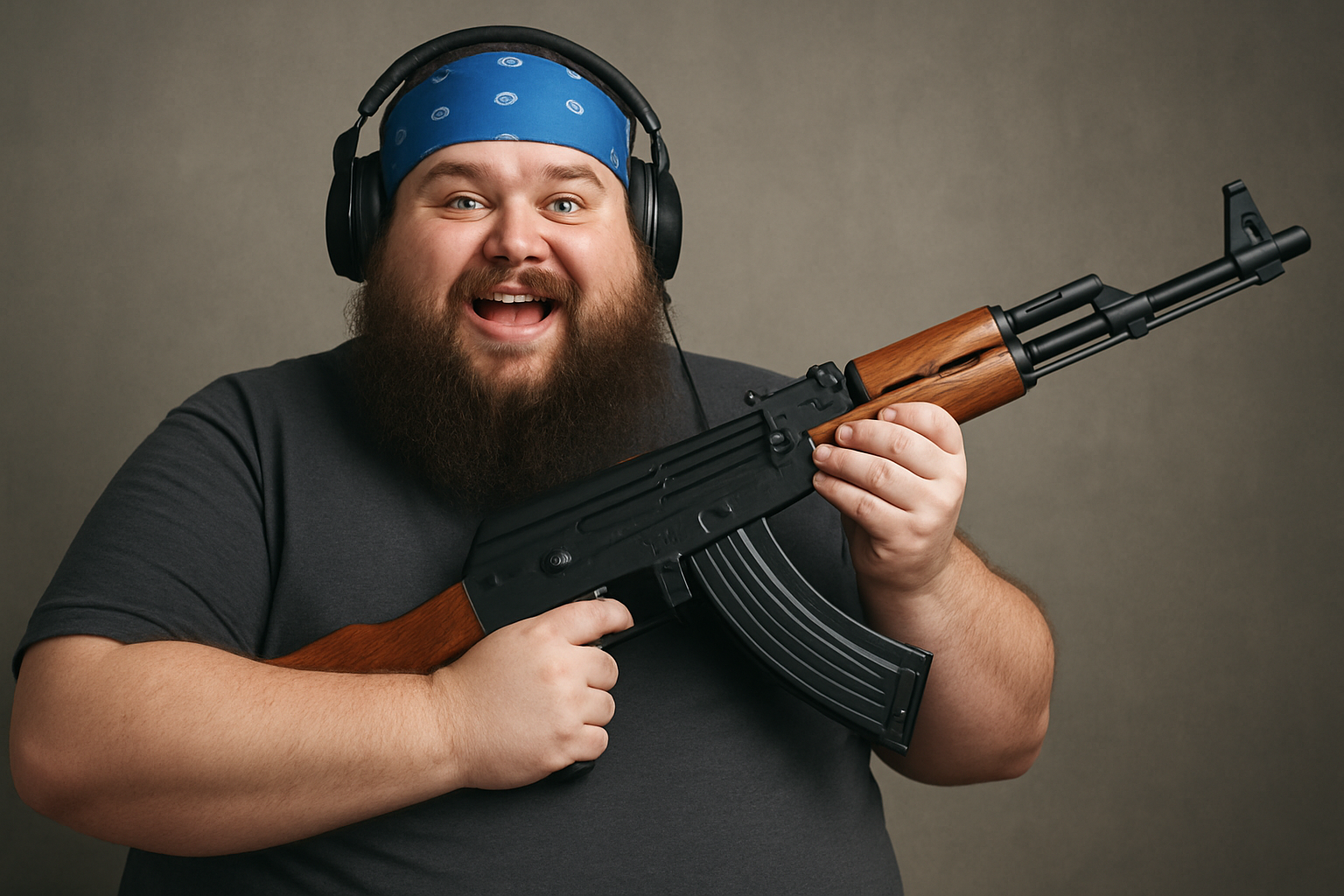a Big Fat bearded Streamer with a BLUE bandana holding some AK-47
