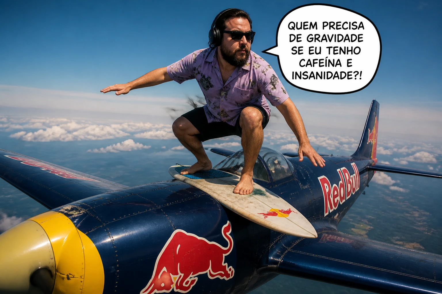 @JhonnyDrumond em cima de um avião da redbull ele surfa em cima do avião e diz algo muito maluco em balão de dialogo (gere a fala maluca dele)