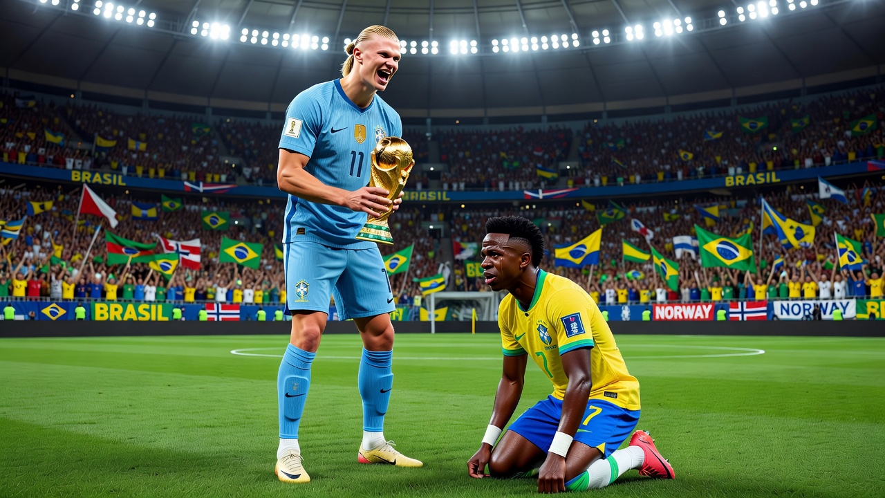 jogador haaland em pé segurando a taça da copa do mundo rindo do vini junior e o vini Junior com a camisa do Brasil chorando ajoelhado