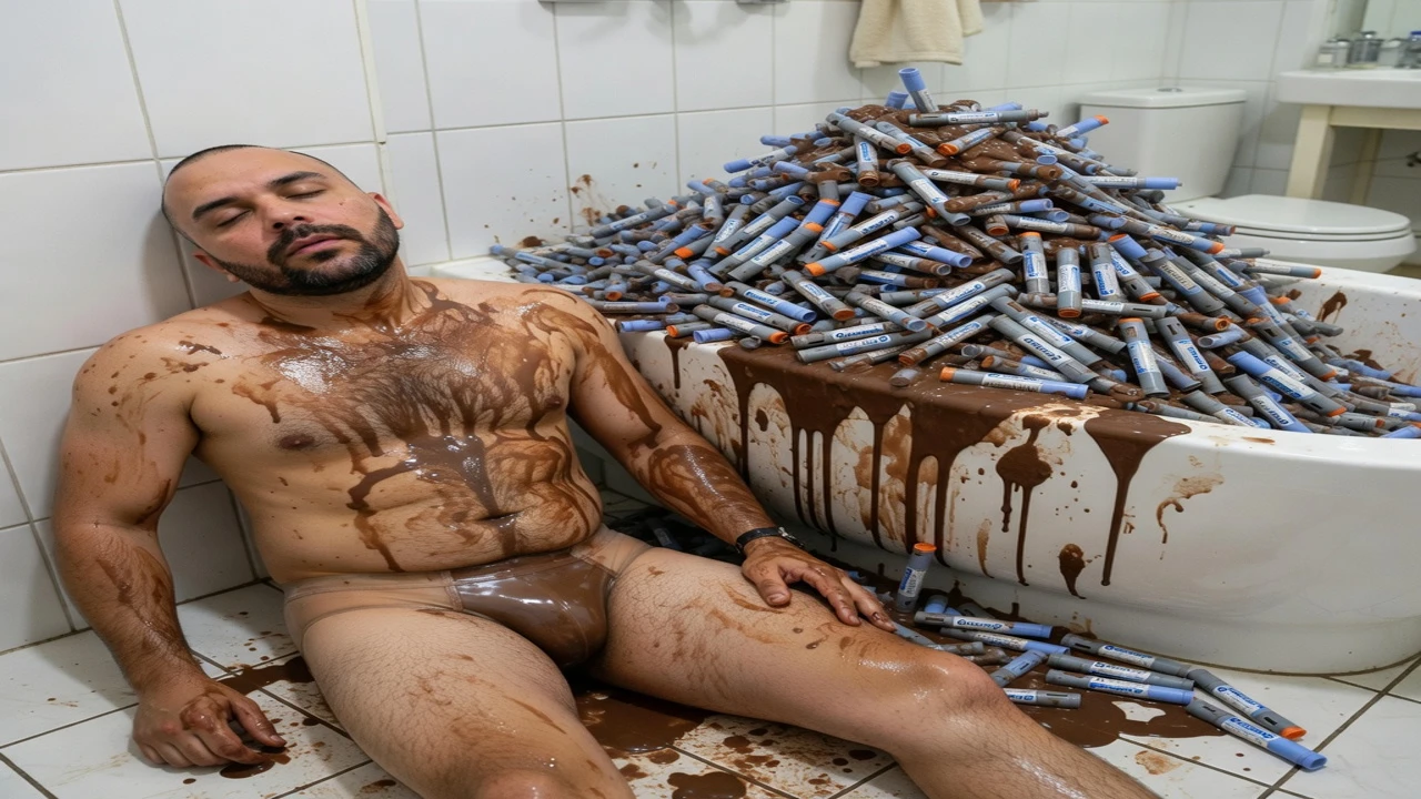 @leandromcz dormindo no banheiro com uma montanha de caneta ozempic, apenas de cueca cor invisível e todo sujo de chocolate