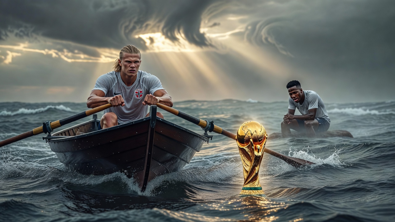 erling haaland indo remando em direção a taça da copa do mundo, vini jr chorando ao fundo