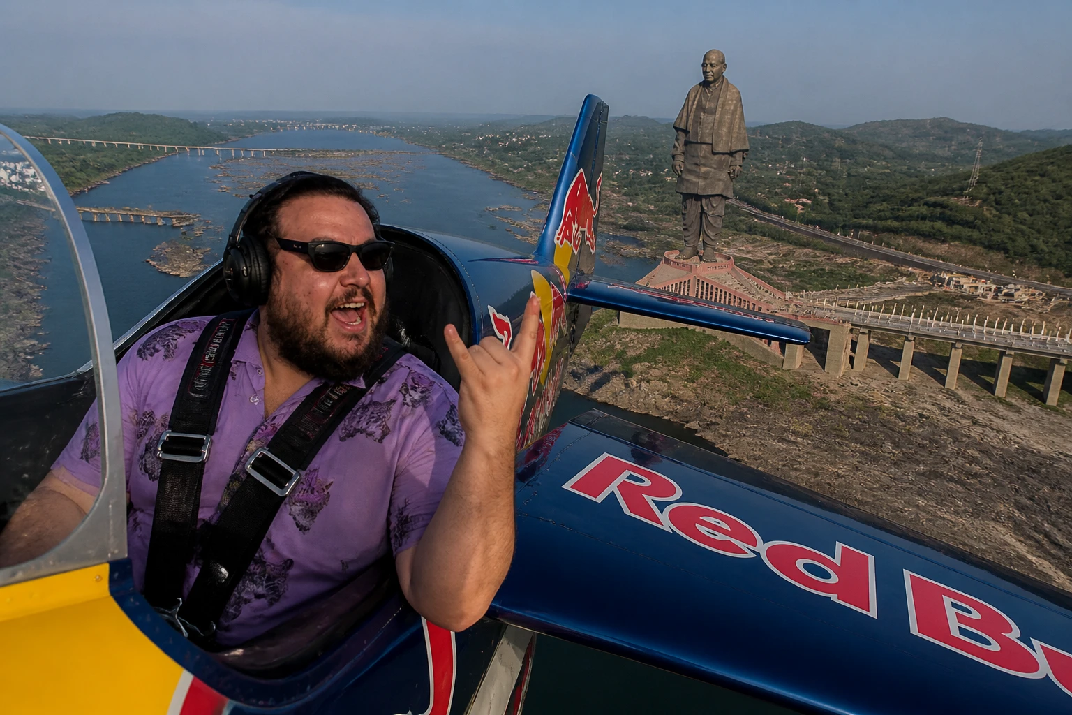 @JhonnyDrumond chegando na statue of unity de avião redbull super feliz!