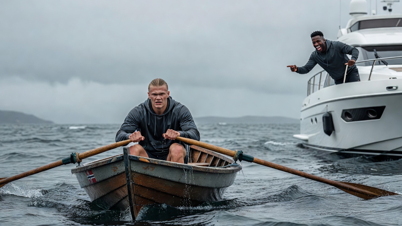 erling haaland voltando remando para a noruega e vini jr rindo de longe