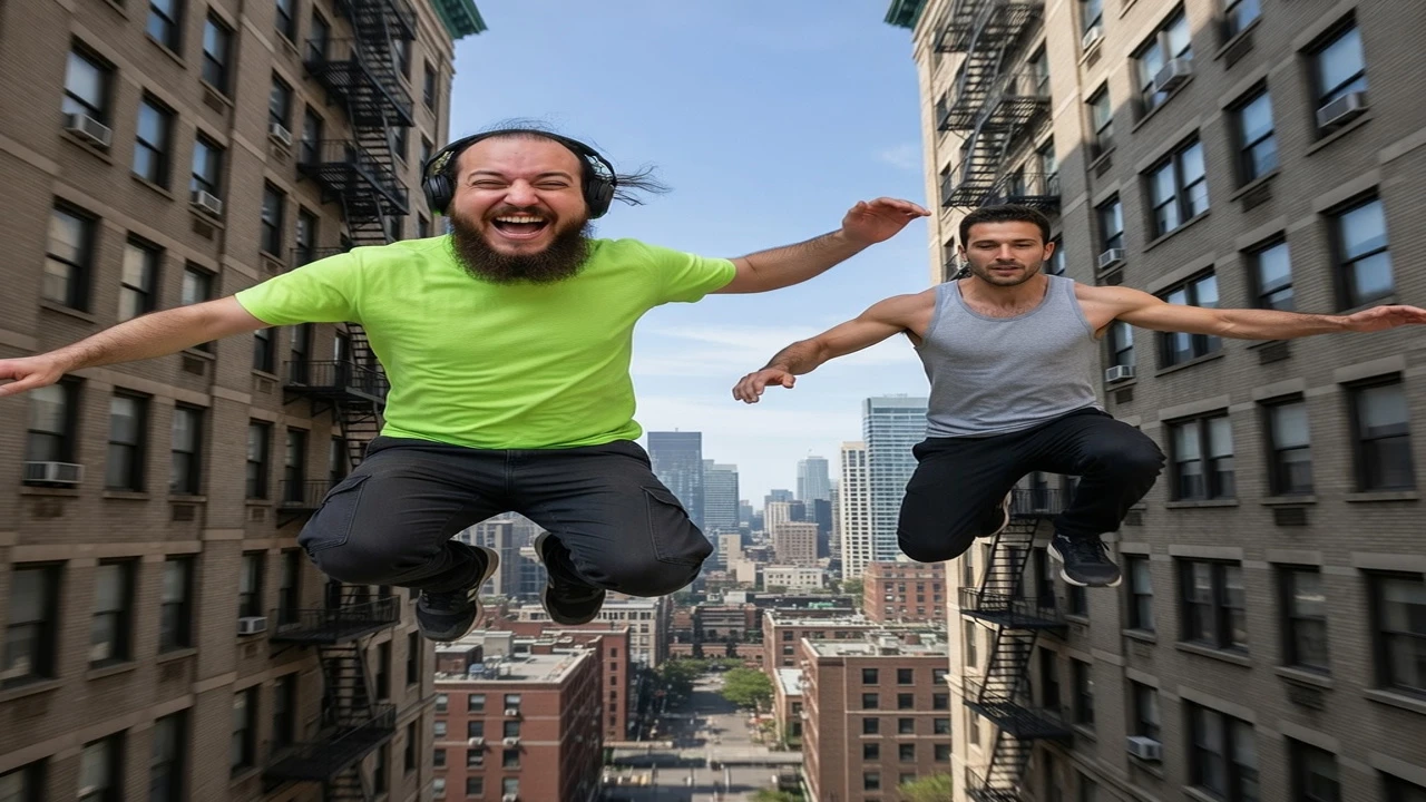fazendo parkour ao Lado de David Belle puLando entre prédios