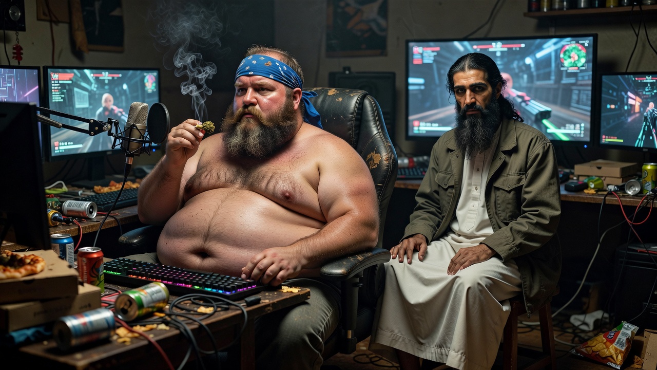 a Big Fat bearded Streamer with a BLUE bandana smoking some Weed with Osama Bin Laden